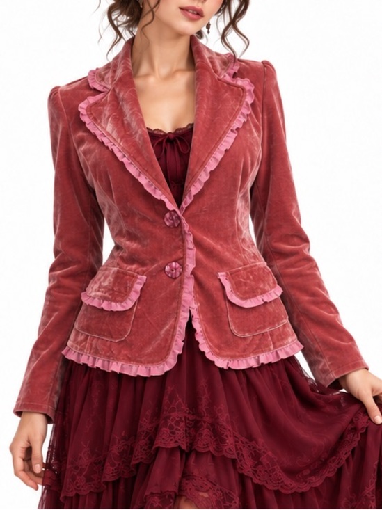 Julie& Beaou Jackets & Blazers - Y2K Dusty Rose Velvet Blazer Ruffle Fairycore Whimsigoth Romantic Jacket
